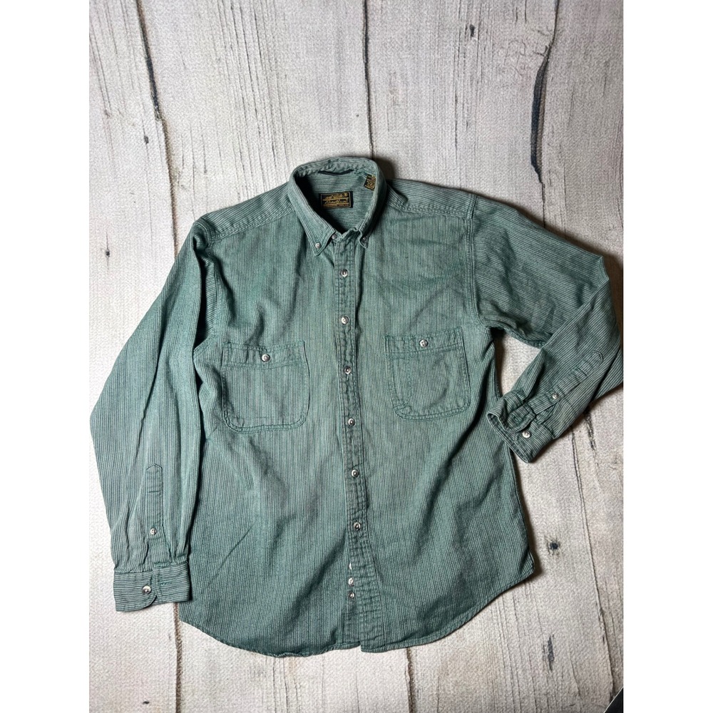 Eddie Bauer Vintage 90s Button Down Shirt Mens Medium Green Herringbone Gorpcore